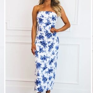 Worn once - Blue Floral Strapless Dress